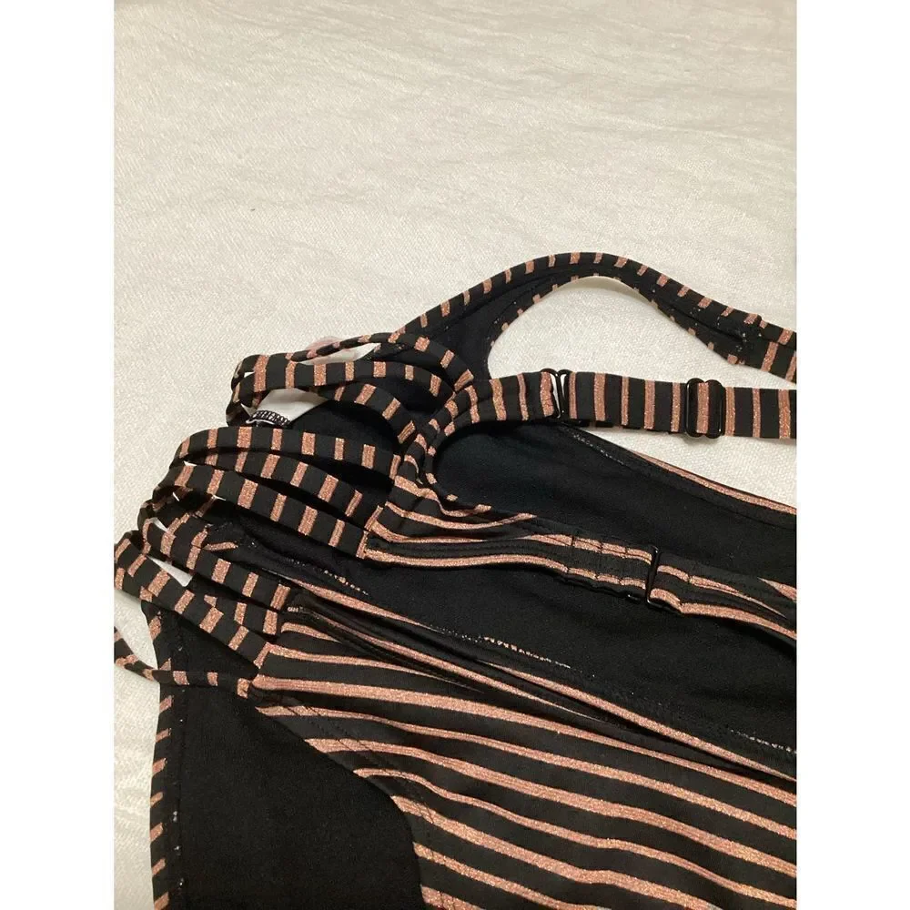 Copper/Black Strip 2Piece Strappy Swimsuit L